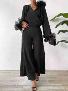 Chiquease 純色3d花裝飾上衣寬腳褲套裝 - 黑色 - 查看 2