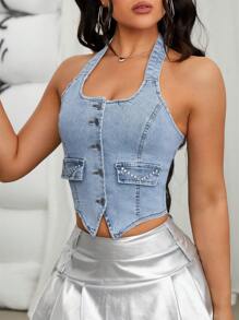 SHEIN ICON Top De Cuello Halter Con Botones Delanteros Y Detalles De Diamantes De Imitación En Denim Para Mujer - Lavado ligero - Ver 4