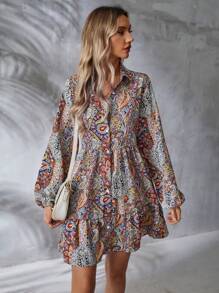 SHEIN Clasi Paisley In Tay áo lồng đèn Đầm - Đỏ - Xem 1
