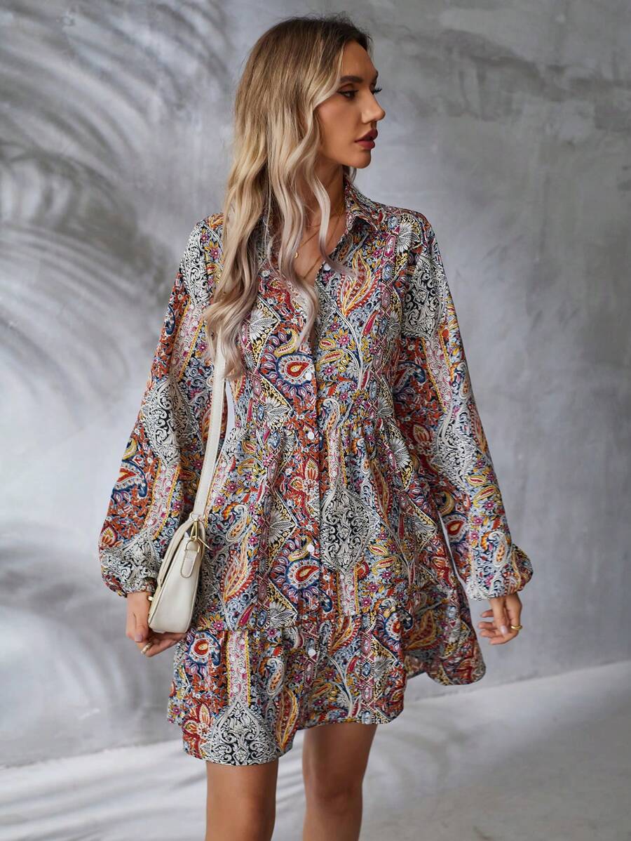 SHEIN Clasi Paisley In Tay áo lồng đèn Đầm - Đỏ - Xem 1