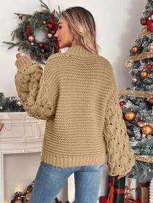 SHEIN LUNE 女士純色立領下肩鬆身休閒毛衣 - 棕色 - 查看 2