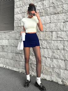 EURMUSE High Waist Split Hem Skort - Navy Blue - View 4
