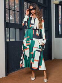 SHEIN Clasi 女士幾何圖案長袖襯衫連身裙 - 彩色 - 查看 5