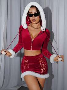 SHEIN ICON Spliced Hoodie Jacket And Skirt Two Piece Set