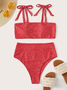 Swim Mod Ladies' Solid Polka Dot Bikini Set Summer Beach - Red and White - View 1