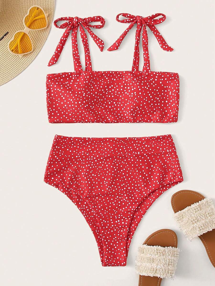 Swim Mod Ladies' Solid Polka Dot Bikini Set Summer Beach - Red and White - View 1