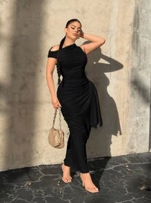 SHEIN SXY Women's Asymmetrical Shoulder Pleats Wrinkle Dress - Black - View 3