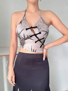 EastFlair New Chinese Style With Bamboo Print And Designed Buckle Halter Top - Apricot - View 7