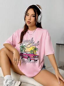 SHEIN Unity 度假休闲美式热带汽车图案 T 恤 - 粉色 - 查看 1