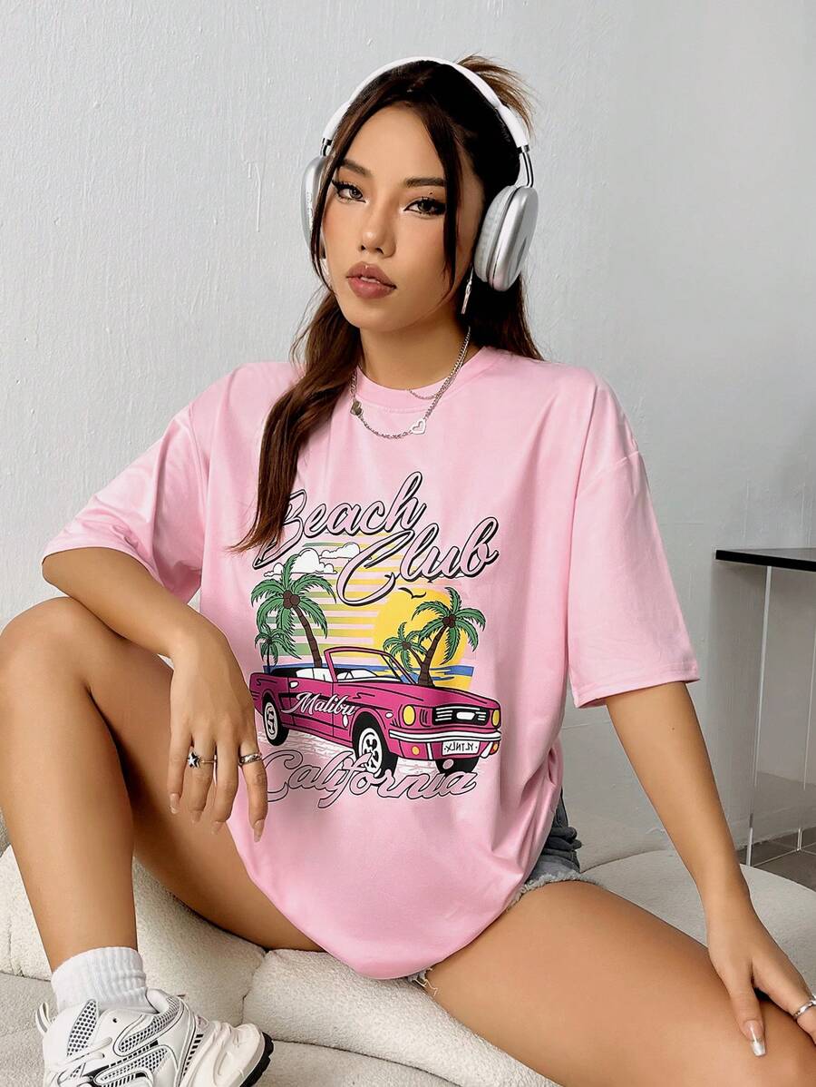 SHEIN Unity 度假休闲美式热带汽车图案 T 恤 - 粉色 - 查看 1
