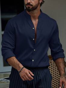 Manfinity Homme 純色立領長袖襯衫，海軍藍男士襯衫，深藍色男士襯衫，適合秋季，正式場合 - 寶藍色 - 查看 5