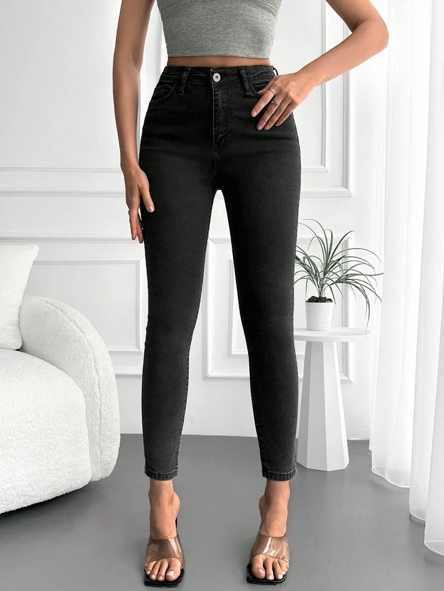 EURMUSE Solid Cropped Skinny Jeans - Black - View 1