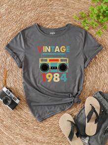 INAWLY Áo thun nữ Lá thư Đồ họa Giải trí - Màu xám đen - Xem 1