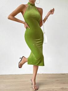 Allurite Vestido Bodycon Halterneck Con Espalda Dividida Y Dobladillo Dividido