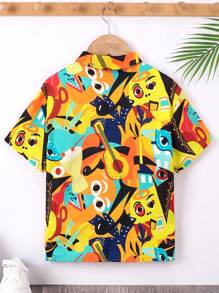 Boys' Vacation Style Abstract Printed Notched Collar Loose Fit Open Front Weave Shirt - Yellow - View 2