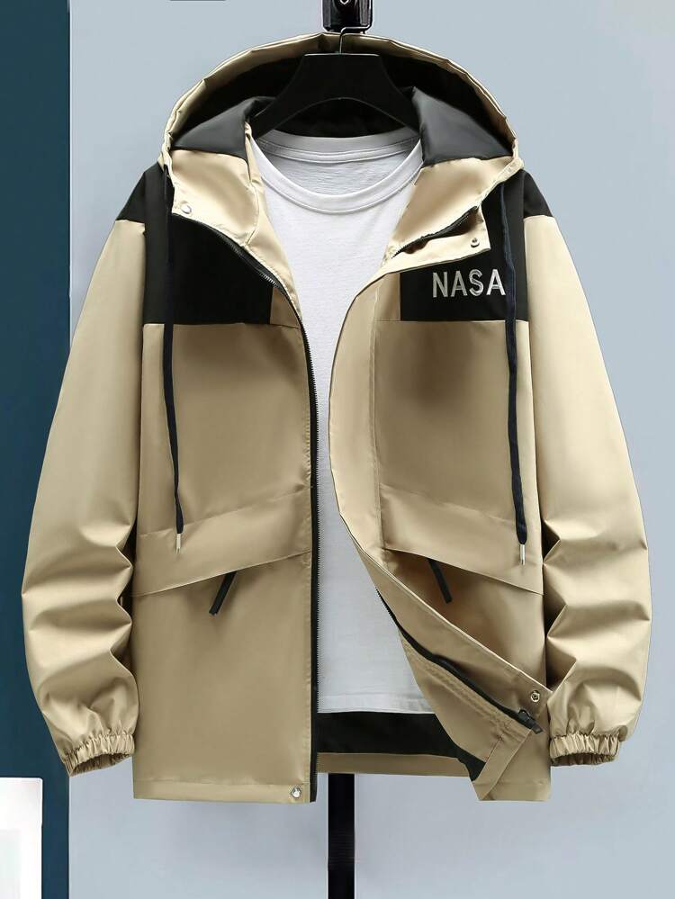 Men's Color-Contrast Loose Hooded Jacket With Letter Embroidery And Drawstring