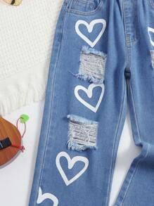 Vaqueros Rasgados De Pierna Recta Con Estampado De Corazones De Moda Para Niñas Pequeñas - Lavado ligero - Ver 3