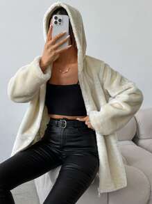 EURMUSE Zipper Closure Hooded Fuzzy Jacket - Beige - View 1