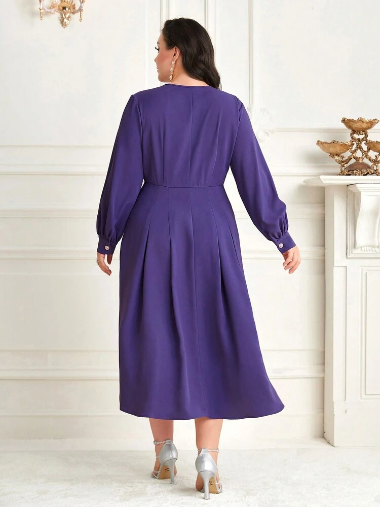 Plus Size Pleated V-neck Bishop Sleeve Dress Without Belt