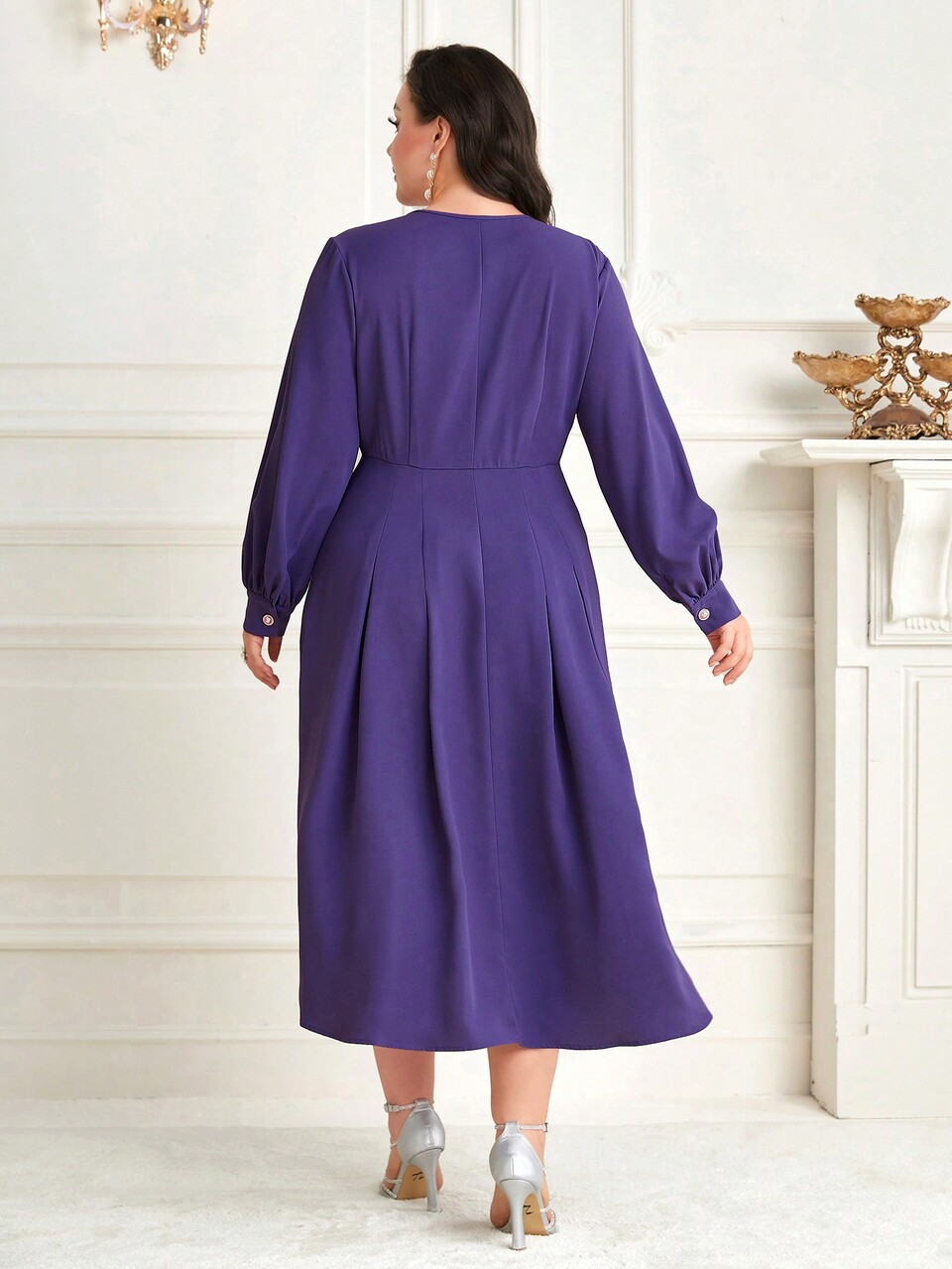 Plus Size Pleated V-neck Bishop Sleeve Dress Without Belt