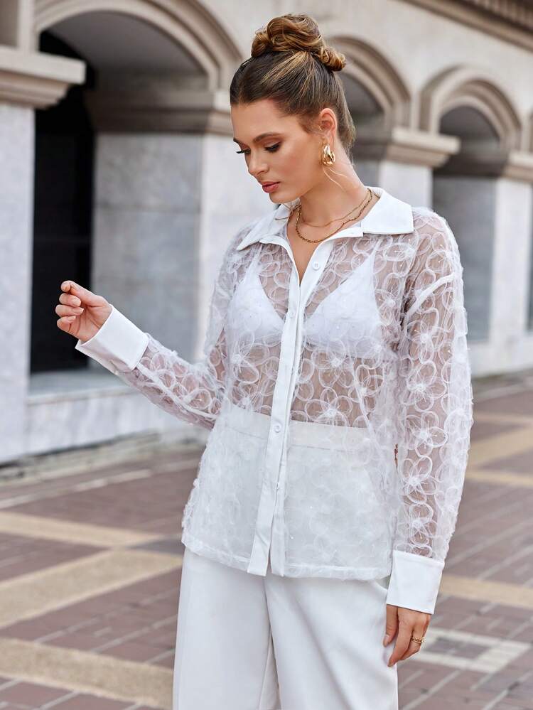 Women's Sheer Mesh Button Front Shirt Fall Cloth For Women