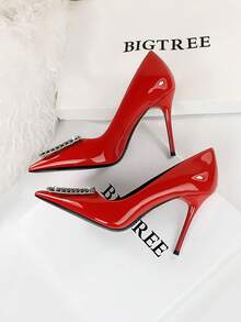 European And American Party High Heels Women Shoes With Metallic Big Rhinestone Buckle, Patent Leather, Pointed Toe - Red - View 3