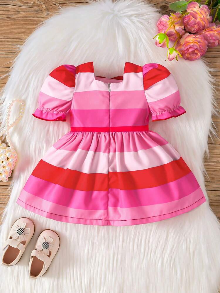 Baby Girls' Fashionable Striped And Love Pattern Puff Sleeve Dress, Simple And Cute Dress For Valentine'S Day Spring And Summer