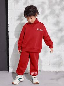 SHEIN 年輕男孩鬆身學院風高領字母印花運動帽衫和長褲套裝 - 紅色 - 查看 4