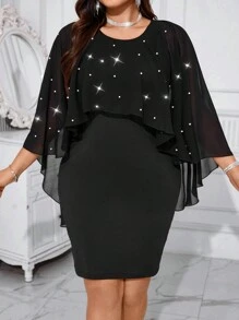 Celure Kích thước lớn Của phụ nữ Trang trí hạt Lưới tay cánh Đầm - màu đen - Xem 5