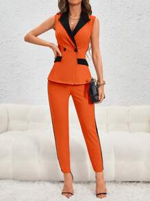 SHEIN Privé Của phụ nữ Khối màu Bộ đồ Áo vest Và Quần Bộ - trái cam - Xem 2