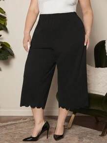 SHEIN CURVE+ Kích thước lớn Màu thuần Eo cao Quần ống rộng - màu đen - Xem 4