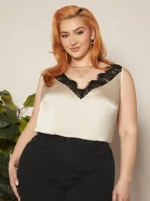 SHEIN CURVE+ 夏季大尺碼蕾絲拼接V領背心 - 杏色 - 查看 5