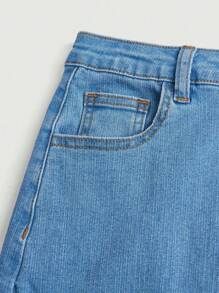 SHEIN Girlism Teen Girls' Slant Pocket Straight Denim Skirt