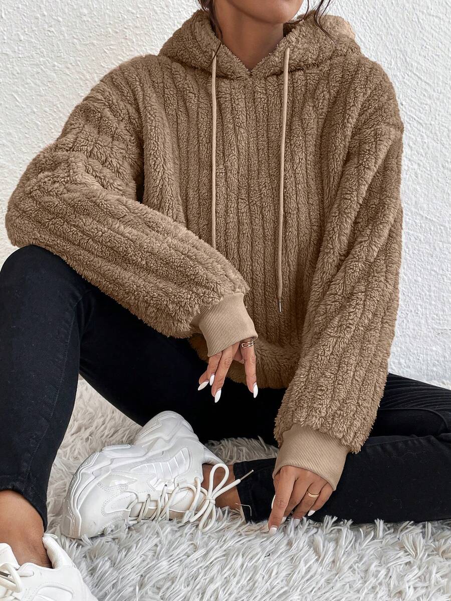 SHEIN Frenchy 女式束口帽加厚毛絨衛衣 - 棕色 - 查看 1