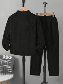 SHEIN Ragazzo Tween monocolore collo a cardigan Camicia e monocolore Pantaloni due pezzi Suit - nero - Visualizzare 2
