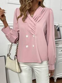 SHEIN Clasi 打褶領長袖襯衫 - 粉色 - 查看 5