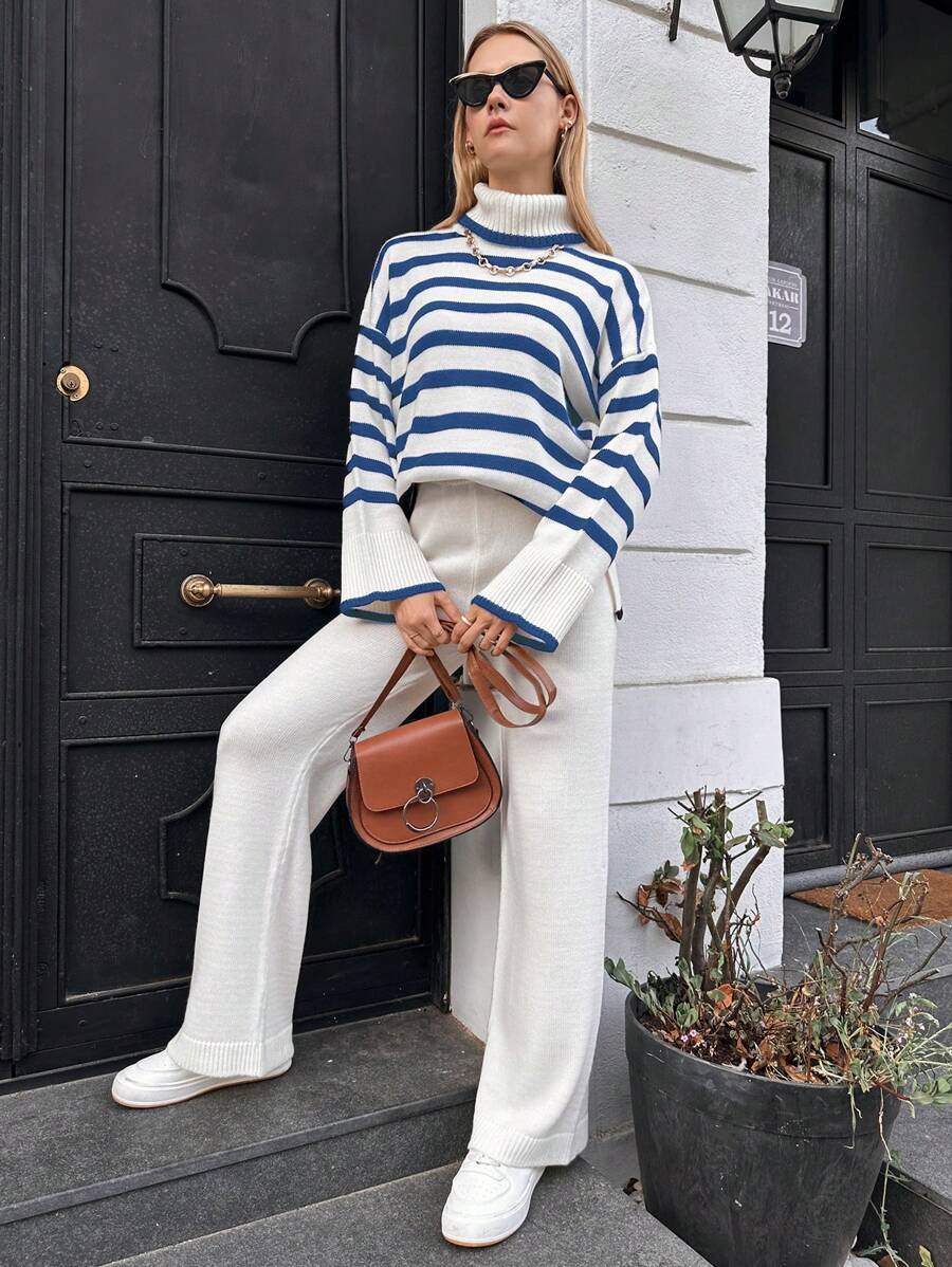 SHEIN Cottnline Striped Pattern Turtleneck Drop Shoulder Sweater & Knit Pants - Multicolor - View 1