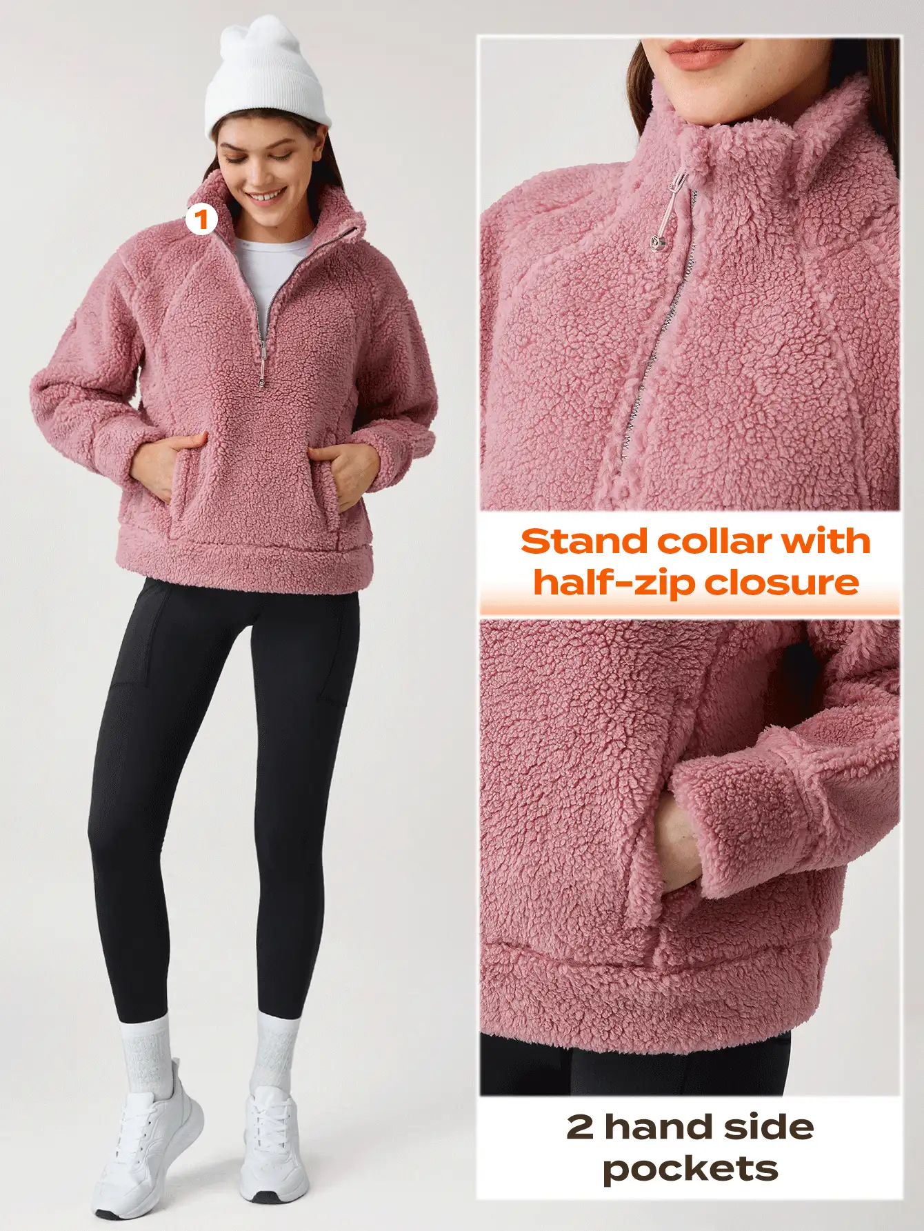 GLOWMODE Thick Polar Fleece Half-Zip Winter Sweatshirt With Zip Pocket Comfortable Warm - Dusty Pink - View 4