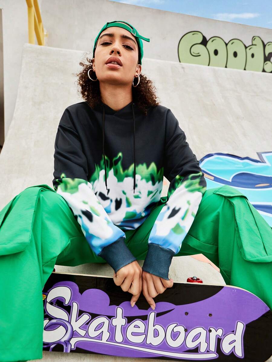 Streetz SHEIN Sport 男女皆宜的嘻哈火焰印花落肩卫衣 - 彩色 - 查看 1