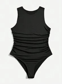 SHEIN Essnce 大尺碼女款純色百褶連身衣 - 卡其色 - 查看 6