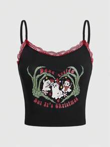 Rosie Của phụ nữ Ren Vá lại Giáng sinh Con ma In Áo ba lỗ Áo ba lỗ - màu đen - Xem 1