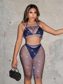 SHEIN SXY Rhinestone Embellished Fishnet See-through Sexy Two-piece Set (no Underwear Included) - Royal Blue - View 5