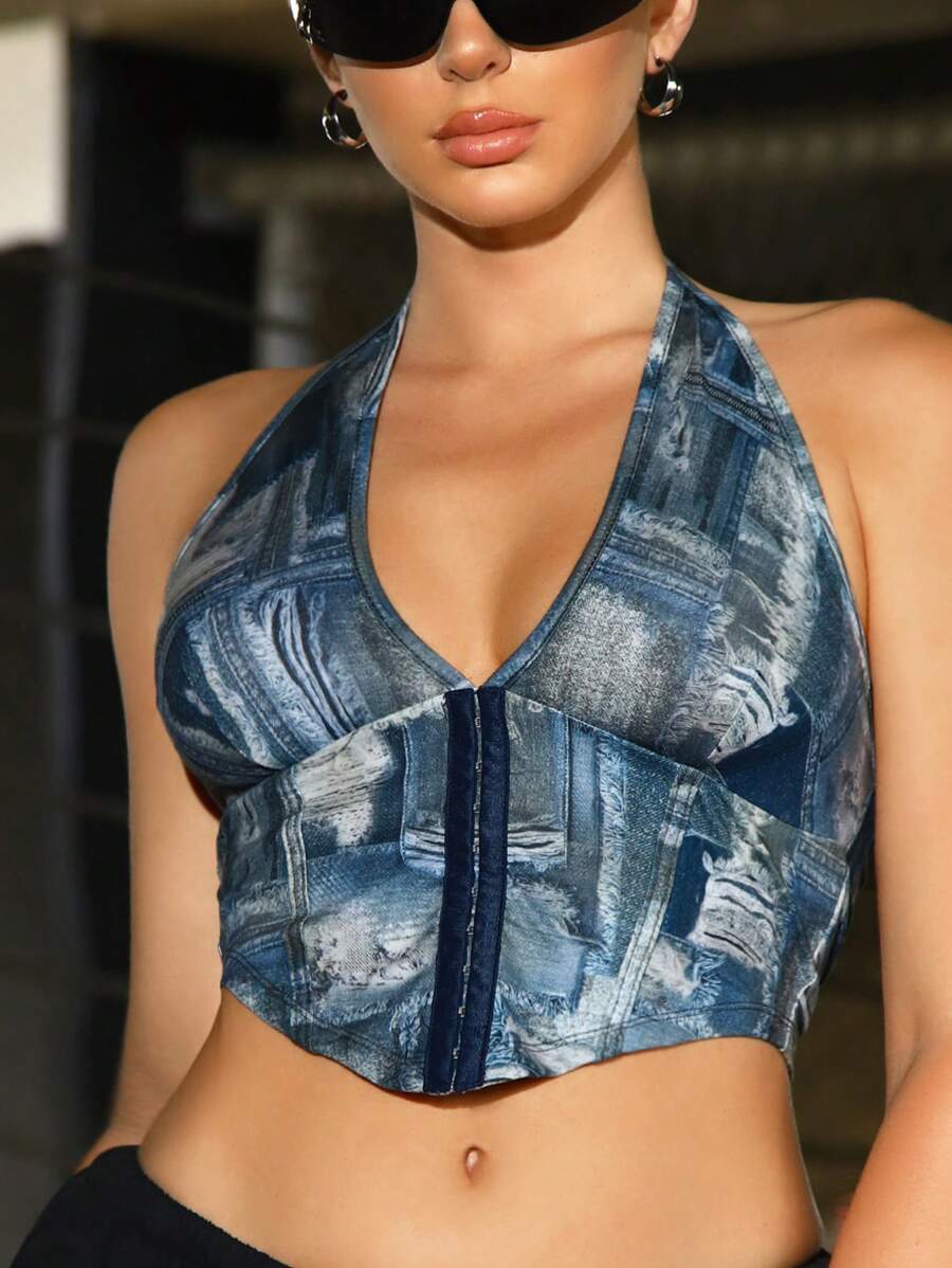 SHEIN ICON In Đồ họa Không lưng Áo Crop Halter - Nhiều màu - Xem 1