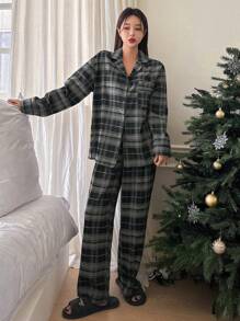 DAZY Women's Plaid Shirt And Long Pants Pajama Set