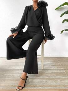 Chiquease 純色3d花裝飾上衣寬腳褲套裝 - 黑色 - 查看 5