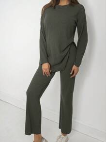 Drop Shoulder Split Hem Tee & Pants - xanh quân đội - Xem 5