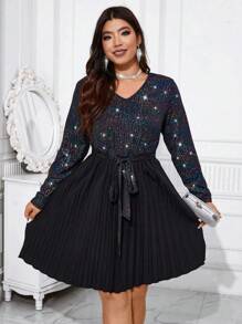 Calvaya 女士大碼星星圖案腰帶v領洋裝 - 黑色 - 查看 4