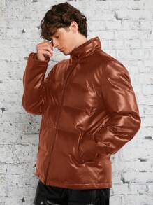 Manfinity VCAY Loose Fit Men's Casual PU Leather Warm Jacket, For Fall Winter