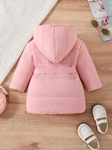 Baby Girl 1pc Hooded Belted Padded Coat - Pink - View 2