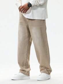 Manfinity Hypemode Men's Casual Khaki-Colored Washed Loose Jeans, Plain Wide Jeans Long Baggy Khaki Washed Cargo Jeans, For Husband, Boyfriend Gifts Hang Out Commute Work Urban Street - Apricot - View 1